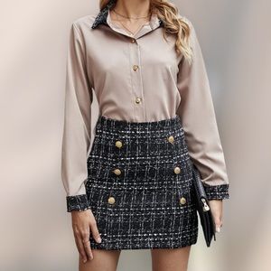 NWOT Contrast Blouse & Double Button Tweed Skirt Set